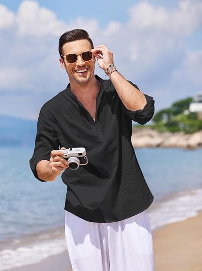 Men’s Cotton Linen Long Sleeve Henley Beach Shirt