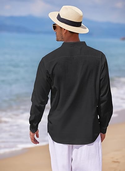 Men’s Cotton Linen Long Sleeve Henley Beach Shirt view 5